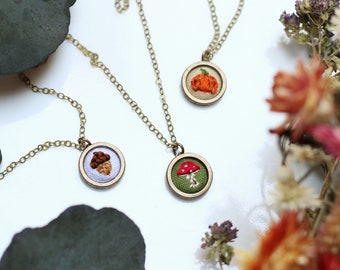 Tiny Autumn Charm- hand embroidered necklace, miniature, fall