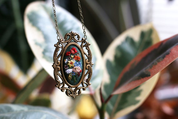 Spring Blooms- hand embroidered necklace, bouquet, flowers, floral