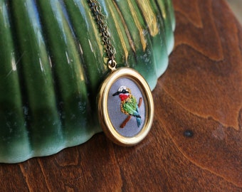 White-fronted bee-eater- hand embroidered necklace, bird, colorful
