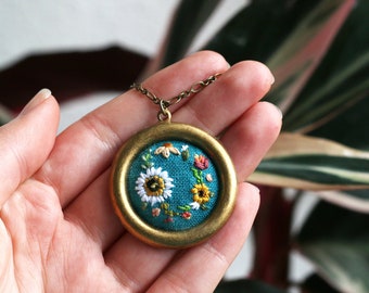 Wreath- hand embroidered necklace, delicate, floral, cheery, colorful