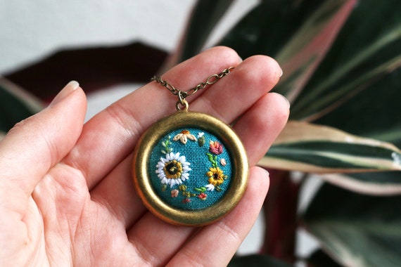 Wreath- hand embroidered necklace, delicate, floral, cheery, colorful