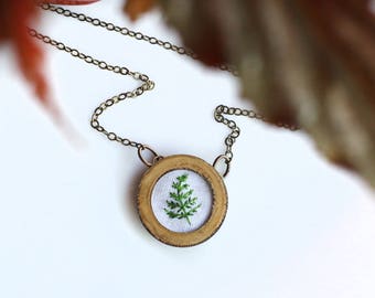 Fern- hand embroidered necklace, white, botany, plant life, fern, simple, leaf