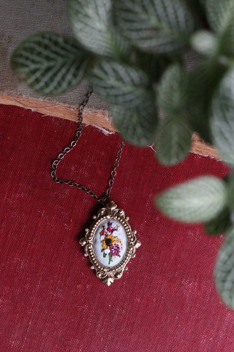 Lil Farmer's Market Bouquet No.3 hand embroidered necklace, floral, bouquet, coral, fuschia, mustard, sunflowers image 2