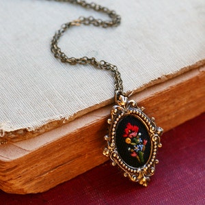 Little Poppy and Forget me nots hand embroidered necklace, black, floral, wildflowers, flowers, red, blue, yellow image 1