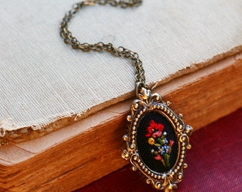 Little Poppy and Forget me nots- hand embroidered necklace, black, floral, wildflowers, flowers, red, blue, yellow