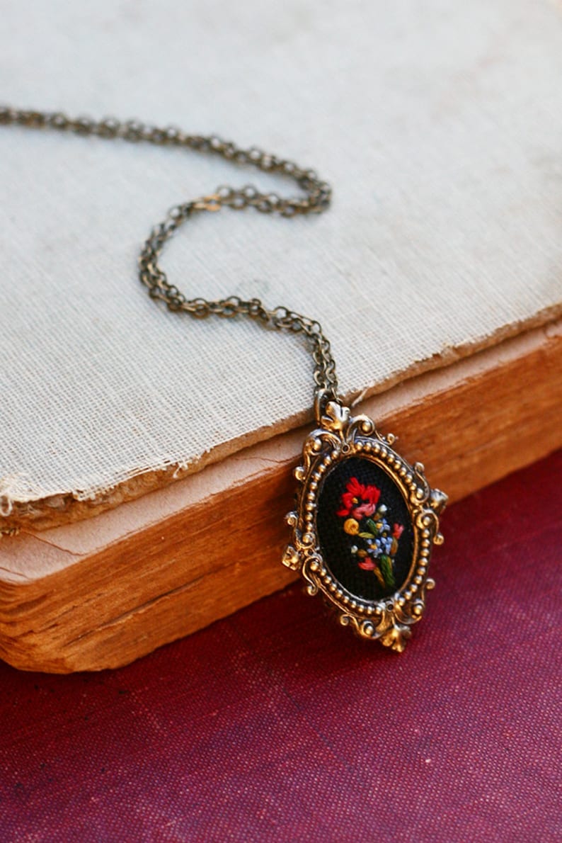 Little Poppy and Forget me nots hand embroidered necklace, black, floral, wildflowers, flowers, red, blue, yellow image 1