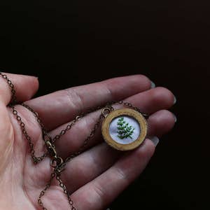 Fern hand embroidered necklace, white, botany, plant life, fern, simple, leaf image 2