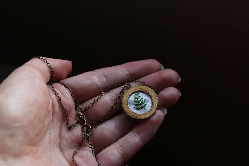 Fern hand embroidered necklace, white, botany, plant life, fern, simple, leaf image 2