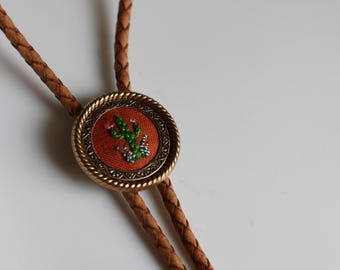 Cactus- hand embroidered bolo tie