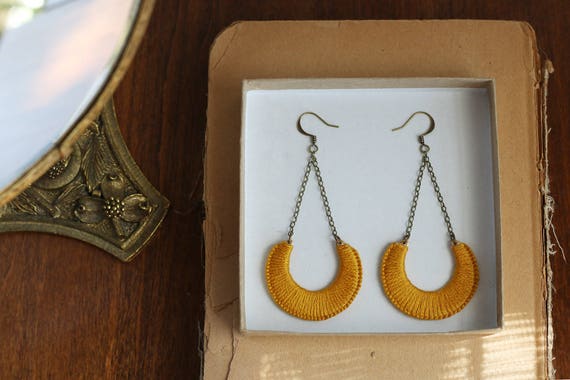 LUNA- thread wrapped statement earrings- fiber, statement, crescent, chain