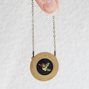 Hummingbird- hand embroidered necklace, miniature, bird, woodland