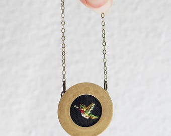 Hummingbird- hand embroidered necklace, miniature, bird, woodland