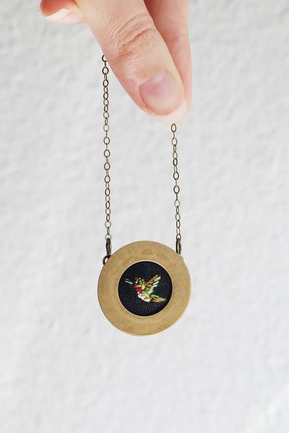 Hummingbird- hand embroidered necklace, miniature, bird, woodland