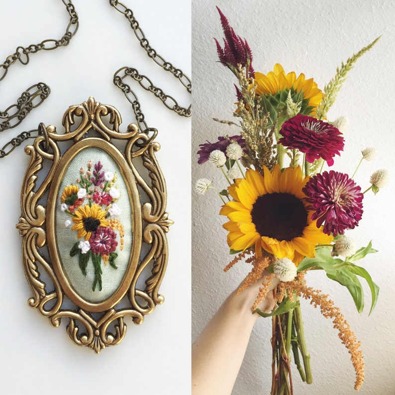 Lil Farmer's Market Bouquet No.3 hand embroidered necklace, floral, bouquet, coral, fuschia, mustard, sunflowers image 5