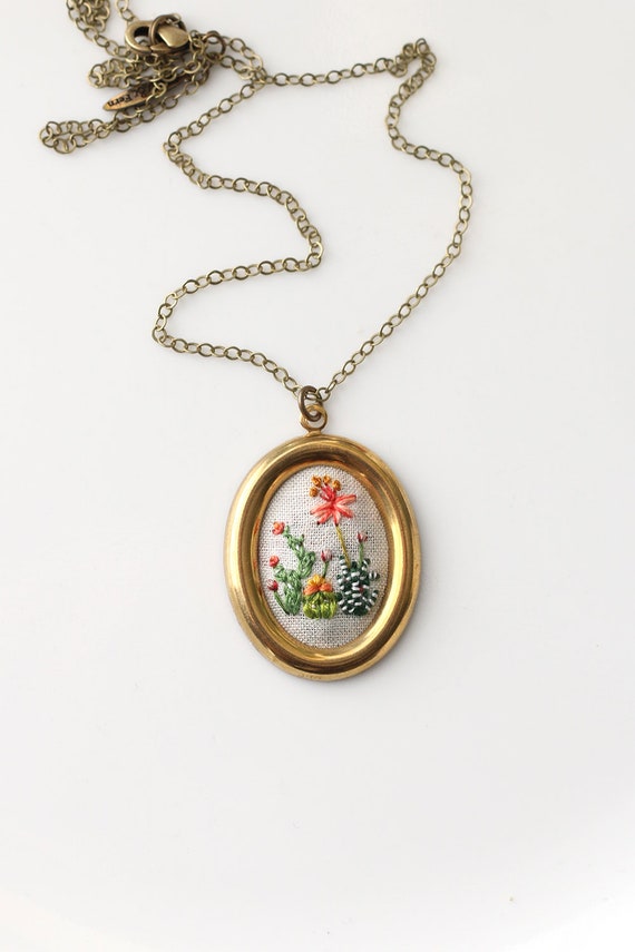 Cactus Study no. 5- hand embroidered necklace, desert, delicate, cacti, floral