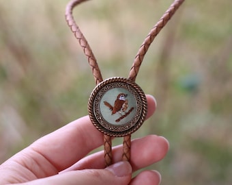 Carolina Wren- hand embroidered bolo tie