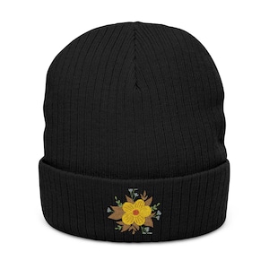 Embroidered Floral Beanie, Cozy Ribbed Knit Hat, Winter Fashion Accessory, Chic Beanie Gift, Everyday Style