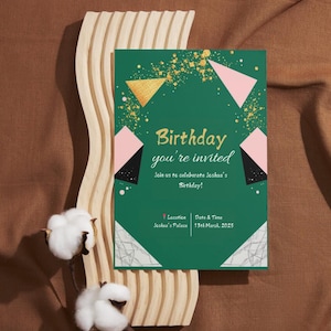 Editable Modern Geometric Birthday Invitation | Artistic Kids Party Template | Gold Glitter & Marble Design | Printable Digital Download