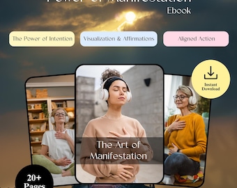 May include: A digital ebook cover with a sunset background and a woman meditating with headphones on. The title is "The Art of Manifestation" and the subtitle is "PDF Ebook Guide". The ebook is about the power of intention, visualization, affirmations, and aligned action. It is available for instant download.