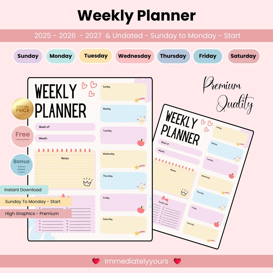 Weekly Planner Printable | Minimalist Weekly Schedule | Undated Digital ...