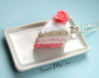 Pink Rose Cake Charm - Layer Cake Slice - 3 Colourful Layers - Charm/Necklace - Handmade in the UK - MTO