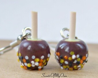Chocolate Apples Dangle Earrings - Confetti Sprinkles, Handmade Polymer Clay Food Jewellery, Autumn