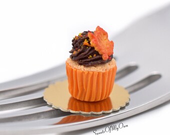 Miniature Chocolate Maple Leaf Cupcake - Dolls House Bakery Food, 1:12 Scale
