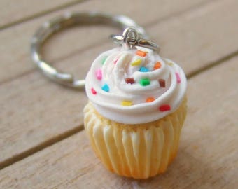 White Cupcake Charm - Necklace/Keychain, Rainbow Sprinkles, Handmade Polymer Clay Food Jewellery