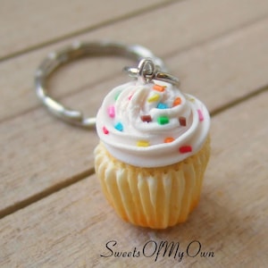 White Cupcake Charm - Necklace/Keychain, Rainbow Sprinkles, Handmade Polymer Clay Food Jewellery