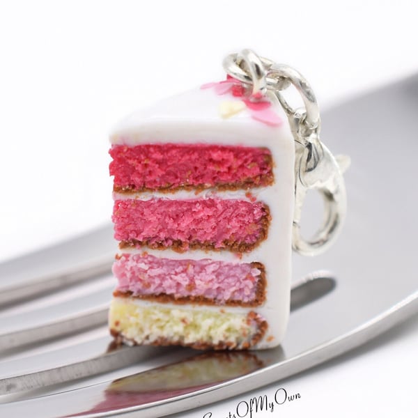 Valentines Pink Ombre Cake Slice - Necklace/Charm/Keychain - Food Pendant - Handmade in the UK