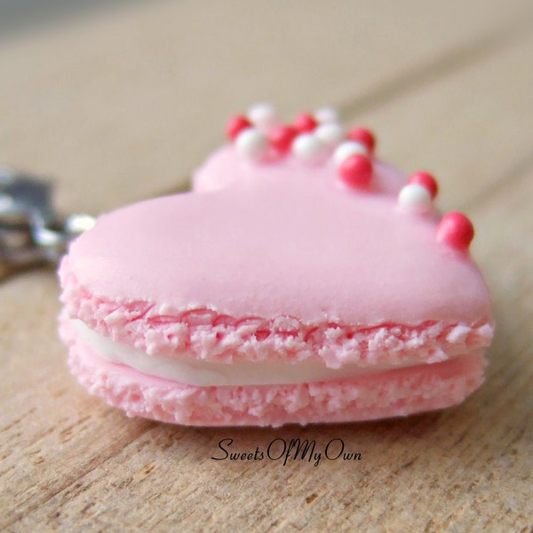 Pink Heart Macaron Charm - Necklace/Charm/Keychain - Coloured Ball Sprinkles - Stitch Marker - Valentines Polymer Clay
