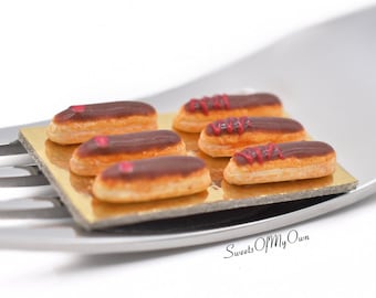 Miniature Set of Chocolate Iced Eclairs with Red Decoration - Dolls House Miniature Food - Bakery Item for Doll House 1:12 Scale