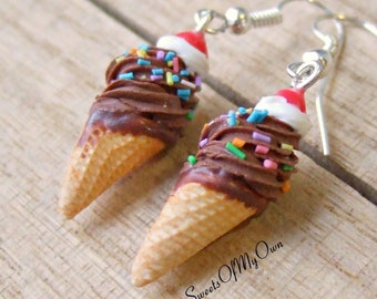 Chocolate Ice Cream Cone Dangle Earrings - Rainbow Sprinkles, Handmade Polymer Clay Food Jewellery