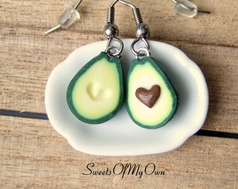 Avocado Heart Seed Dangle Earrings - Handmade Polymer Clay Fruit Jewellery