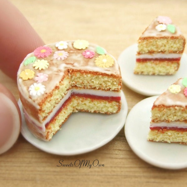 Miniature Victoria Sponge Cake Decorated With Flowers - Easter Theme - Bakery Item for Doll House 1:12 Scale - Made in the UK