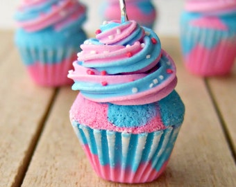 Bubblegum Marble Cupcake Charm Bright Pink and Blue Necklace