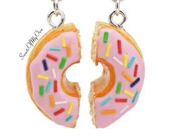 Pink Donut with Rainbow Sprinkles x2 Halves - Necklaces/Keychains/Charms - Food Accessory - Handmade Polymer Valentines/Birthday