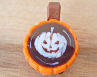 Orange Pumpkin Latte Art Mug Charm - Necklace/Keychain, Handmade Polymer Clay Food Jewellery, Halloween