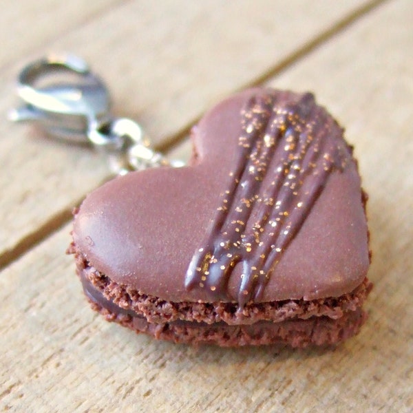 Chocolate Heart Macaron Charm - Necklace/Charm/Keychain - Icing Drizzle and Glitter - Progress Keeper - Valentines Polymer Clay