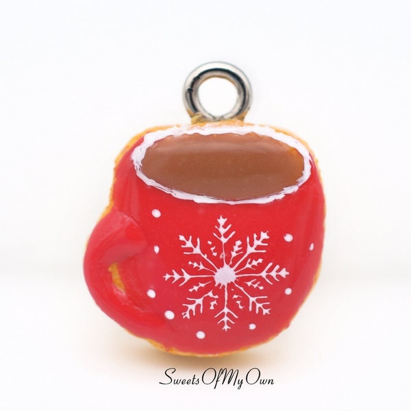 Biscuit pour boisson chaude sur le thème rouge de Noël (petit) - Collier/breloque - Bijoux culinaires - Fait main au Royaume-Uni avec de la pâte polymère