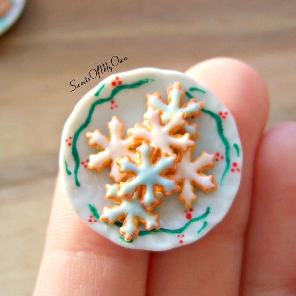 Plate of Miniature Christmas Biscuits - Shortbread Snowflakes Blue and White - Miniature Food - Bakery Item for Doll House 1:12 Scale
