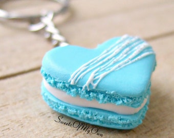 Blue Heart Macaron Charm - Necklace/Charm/Keychain - Icing Drizzle and Glitter - Valentines Polymer Clay