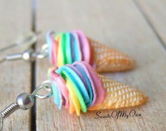 Rainbow Ice Cream Dangle Earrings - Handmade Polymer Clay Food Jewellery, Pride Month