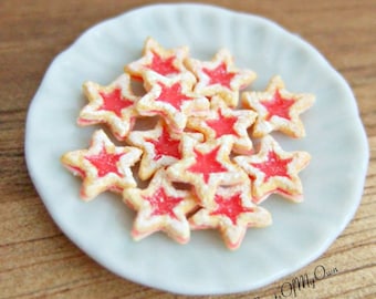 Plate of Miniature Star Jam Biscuits - Jam Filled Biscuits - Winter/Christmas Food - Bakery Item for Doll House 1:12 Scale