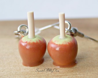 Toffee Apple Dangle Earrings - Handmade Polymer Clay Food Jewellery, Autumn Gift