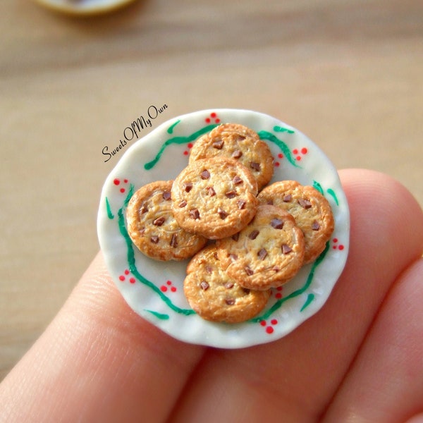 Plate of Miniature Cookies - Christmas Chocolate Chip Cookies - Miniature Food - Bakery Item for Doll House 1:12 Scale