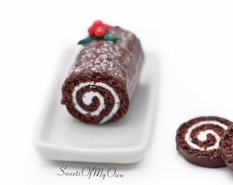 Melody Jane Miniatur-Schokoladen-Yule-Log Mit Deckchen | Puppenhaus-Zubehör Weihnachten | Maßstab 1:12