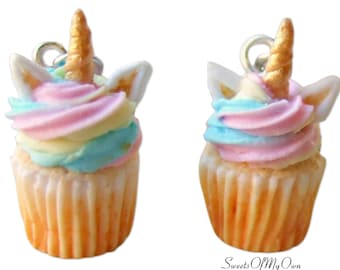 Unicorn Cupcakes Dangle Earrings - Handmade Polymer Clay Food Jewellery, Birthday Gift