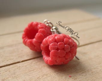 Raspberry Dangle Earrings - Fruit Berries, Handmade Polymer Clay Food Jewellery