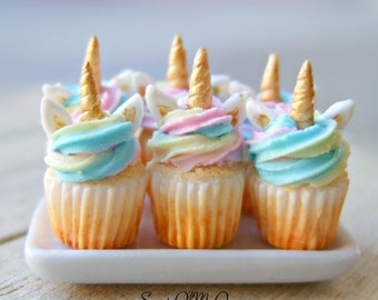 Miniature Unicorn Cupcakes - Dolls House Miniature Food - Bakery Item for Doll House 1:12 Scale - MTO